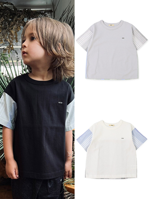 日本男女童Fith中性拼接条纹设计短袖T恤亲子春夏新款