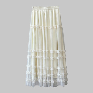 冬季百搭纯色温柔风木耳边网纱蕾丝半身裙加绒休闲加厚长裙女