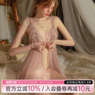 今夕何夕性感睡衣女款蕾丝前扣开叉网纱薄款透明情调诱惑吊带睡裙