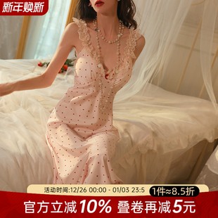 粉色甜美蕾丝花边冰丝波点睡裙 吊带秋季 今夕何夕性感睡衣新款 法式