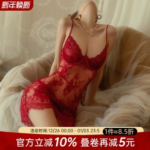 今夕何夕性感睡衣女夏季 冰丝纯欲风透视吊带睡裙带钢圈小胸蕾丝
