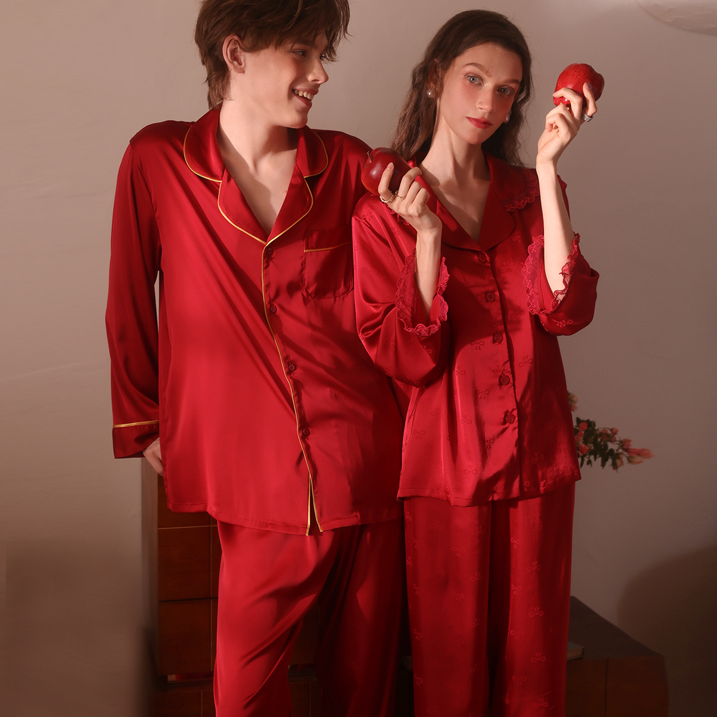 今夕何夕情侣睡衣秋冬款女开衫长袖2025新年红色本命年家居服男士