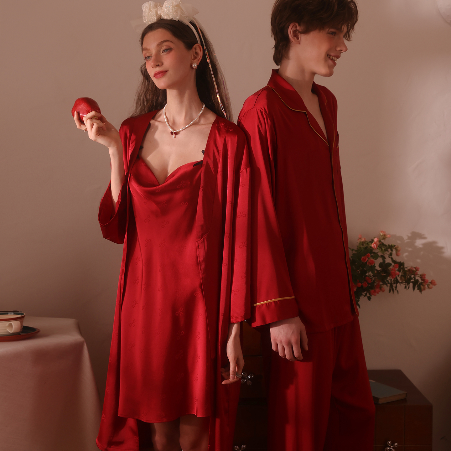 今夕何夕红色本命年情侣睡袍男女性感睡衣家居服套装高级新婚礼物