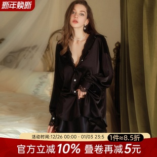 禁欲系衬衫 今夕何夕性感睡衣女纯欲风冰丝高级感蕾丝拼接大码 长袖