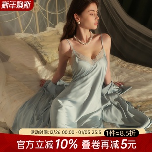 今夕何夕法式 性感晨袍女高级冰丝睡衣纯欲风蕾丝吊带睡袍可日常穿