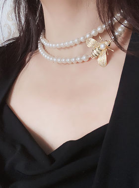 小香风微镶锆石小蜜蜂女珍珠项链