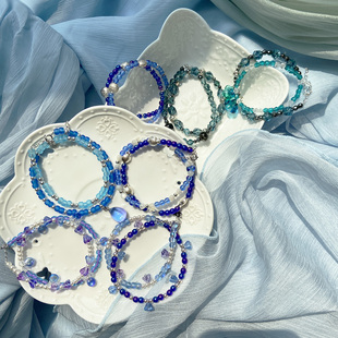 孤品 蓝色海盐风925银捷克手工琉璃施家珍珠双层叠戴纯银手链