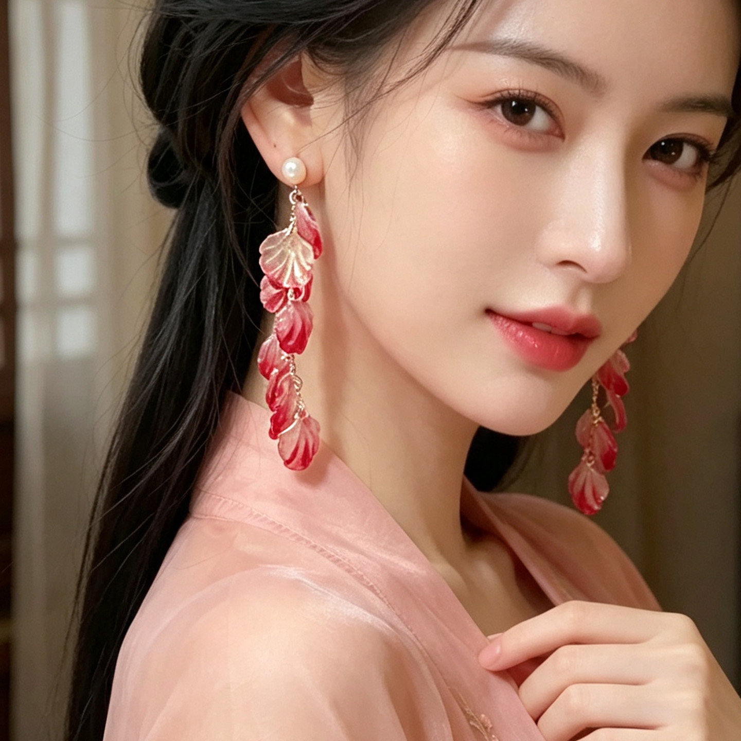 洛神唯美花瓣琉璃14K包金耳环夹图片