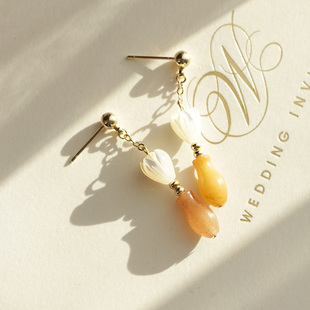 莫奈的花瓶 天然金丝玉手雕天然贝母925银针耳环原创设计无痛耳夹