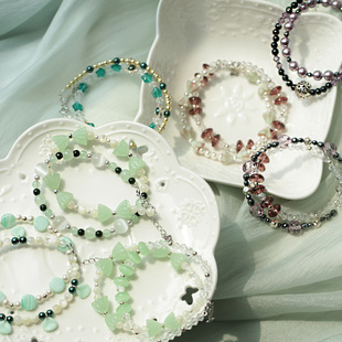 孤品 清新淡绿紫色925银捷克手工琉璃施家珍珠双层叠戴纯银手链