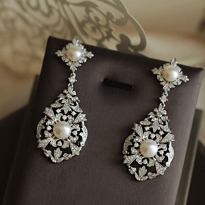 奢华晚宴 极强光天然淡水珍珠925银针耳环满锆高级感婚纱礼服耳夹