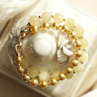 高级感轻奢施家南洋金珠人造珍珠天然金丝玉双层圆珠一饰三戴手链