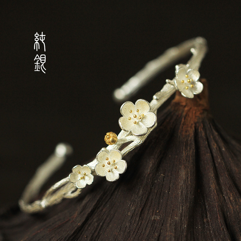 桃花雅韵925纯银 中国风 复古梅花 淑女复古开口 银手镯 女礼物LB
