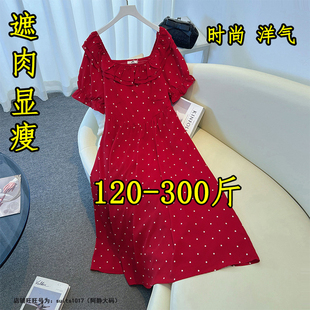 胖mm300斤特大码法式甜美风长裙女夏200方领碎花红色桔梗连衣裙子