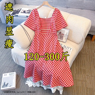 300斤大码法式高级感红色格子连衣裙女夏胖mm200显瘦方领桔梗裙子