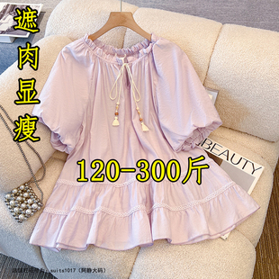 胖mm300斤大码法式蝴蝶结短袖T恤女夏宽松娃娃衬衫200泡泡袖上衣