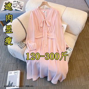 胖mm300斤特大码 复古气质千金风裙子240 v领雪纺连衣裙女春200法式