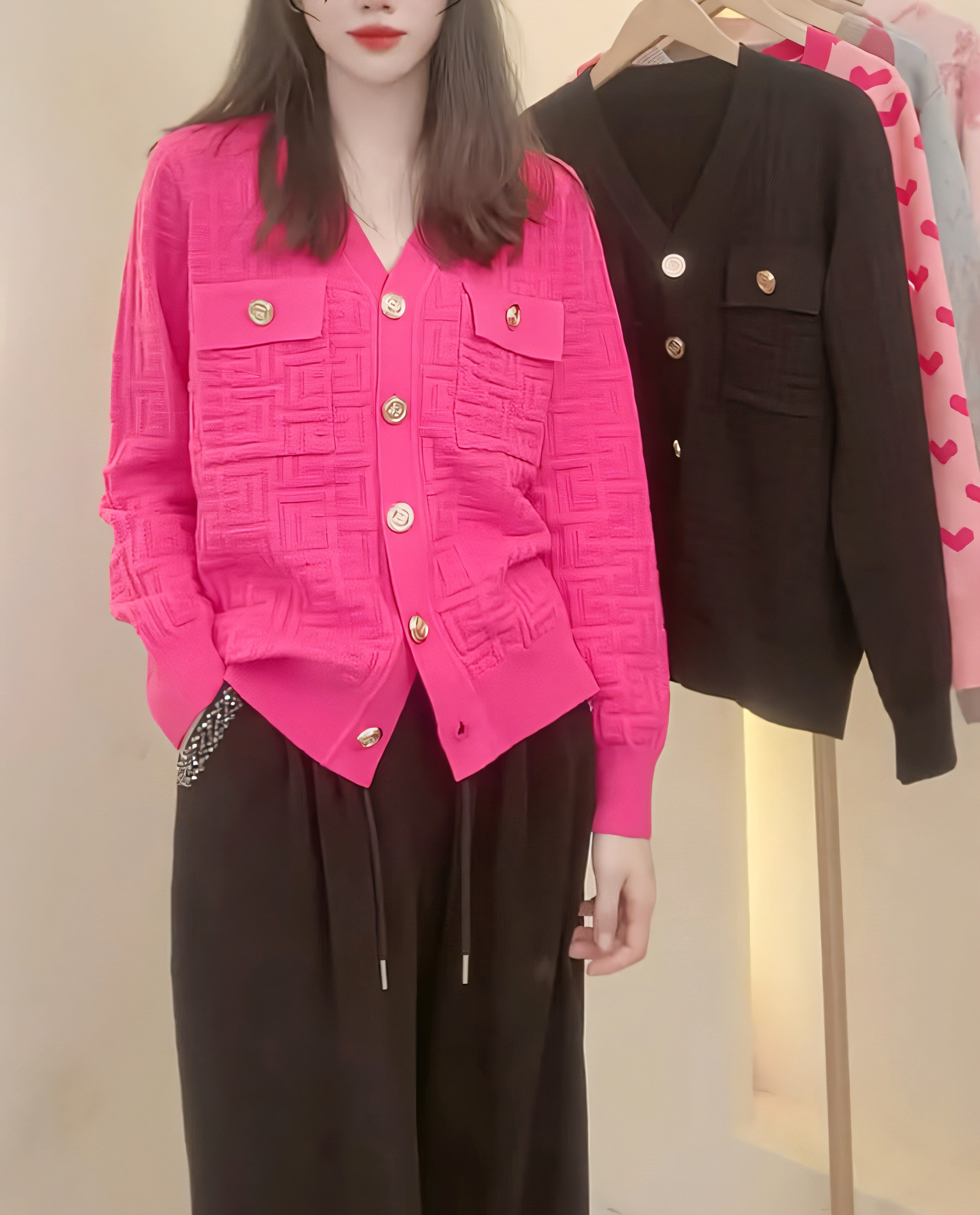 大码胖mm 小香风针织V领提花气质显瘦百搭开衫 200斤内可穿