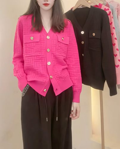 大码胖mm 小香风针织V领提花气质显瘦百搭开衫 200斤内可穿