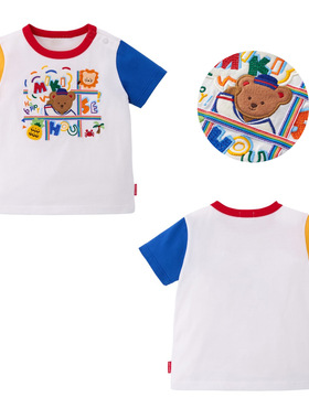 高定 2025新款 M彩色织带男女童海军熊全棉短袖T恤