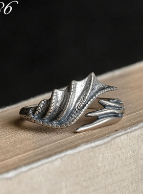 纯银守护天使翅膀街头风复古戒指