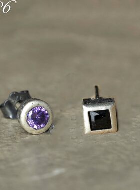 s925纯银紫色圆形镶钻耳钉