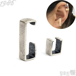 925纯银耳夹男女朋克夸张复古大小长方形耳廓耳骨夹嘻哈街舞耳挂