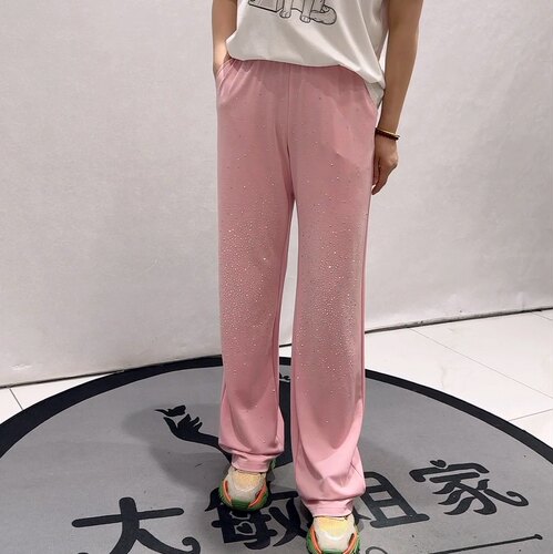 5957芮娜依莲初夏新品松紧腰时尚满钻舒适洋气休闲裤加大码女裤