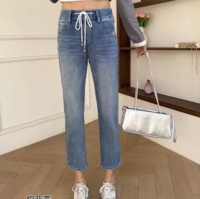 8870柏菲蒂春款年货松紧高腰四面弹力百搭牛仔烟管裤加肥加大码