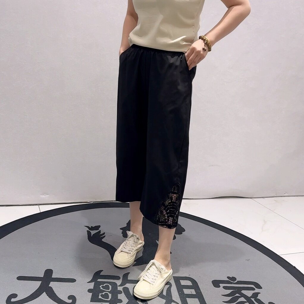 2113蓝鲸之吻初夏新品松紧腰裤腿拼接设计感洋气休闲裤加大码女裤