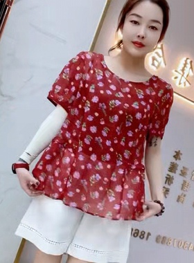 5852芮娜依莲夏款新品碎花图案亚麻面料显瘦上衣减龄衫加大码女装