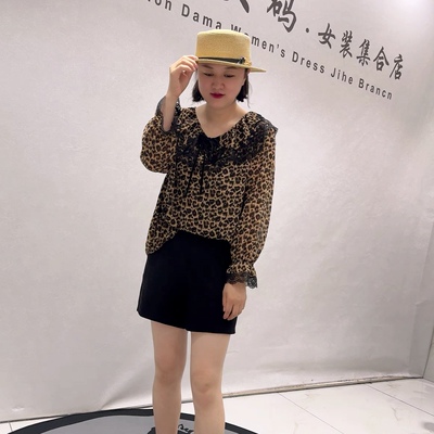 5448芮娜依莲秋款新品拼接蕾丝设计带衬豹纹时尚洋气衫加大码女装