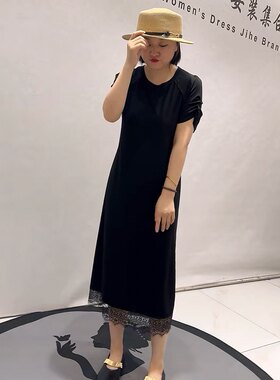 31089女权贵族夏款新品底边开衩带美背拼接蕾丝连衣裙加大码女装