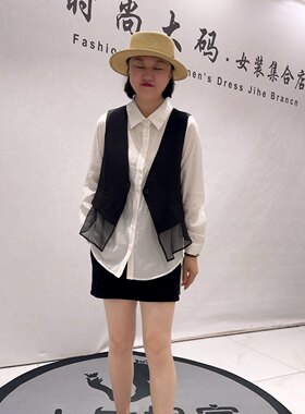 6073女权初秋新品长袖衬衫搭配简约马甲真两件套加大码女装