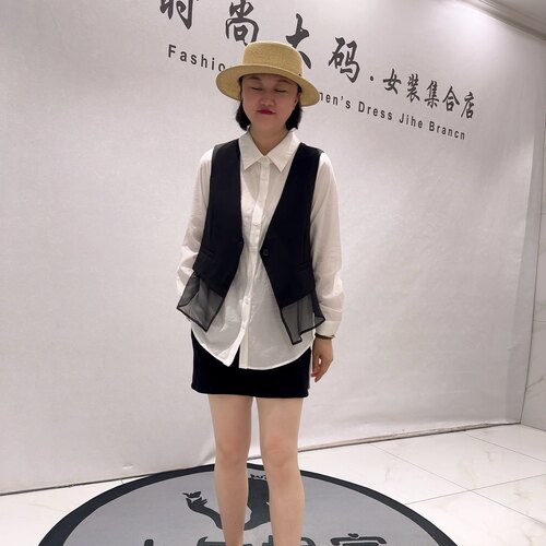 6073女权贵族初秋新品长袖衬衫搭配简约马甲真两件套加大码女装