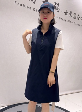 3112女权贵族夏款新品纯棉拼接速干面料半拉链休闲连衣裙加大码