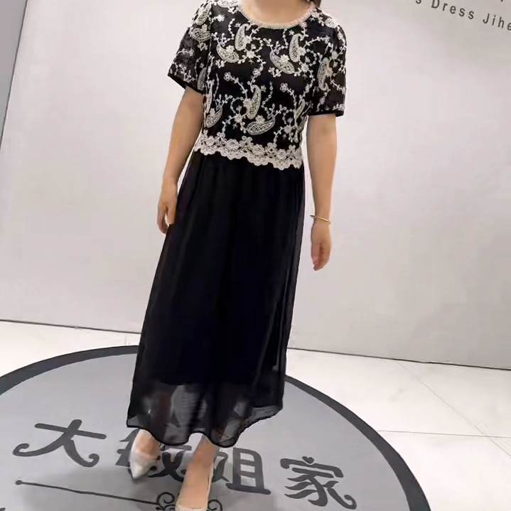 5701芮娜依莲夏款高级蕾丝珠片绣拼接真丝雪纺显瘦连衣裙大码女装