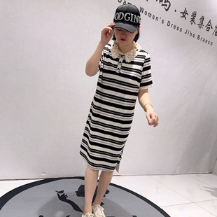 5767芮娜依莲初夏新品针织领显瘦条纹减龄polo连衣裙加大码女装