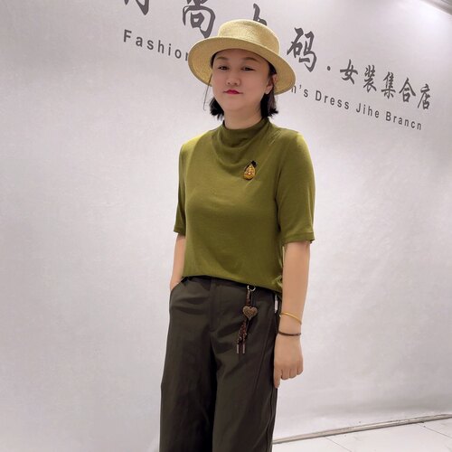 6382女权贵族秋款新品撒银面料重工装饰带弹力百搭半袖加大码女装