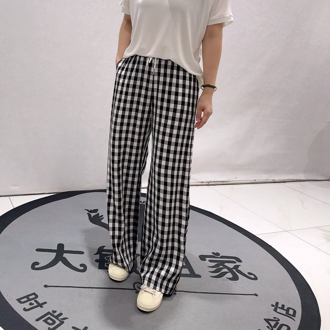2227蓝鲸之吻夏款新品天丝醋酸面料松紧腰休闲格子裤加大码女裤