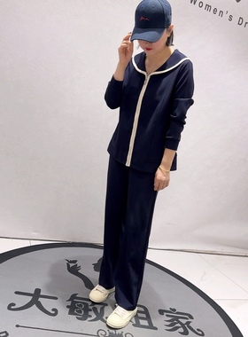 5367芮娜依莲春款新品长袖上衣搭配松紧腰直筒裤两件套加大码女装