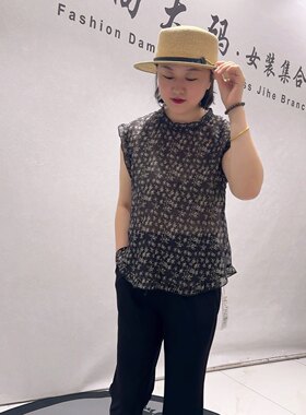 31118女权夏款新品木耳边碎花图案美背坎袖上衣加大码女装
