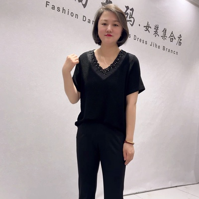 芮娜依莲夏款5945高档V领重工醋酸布料遮肉显瘦衫加肥加大码女装