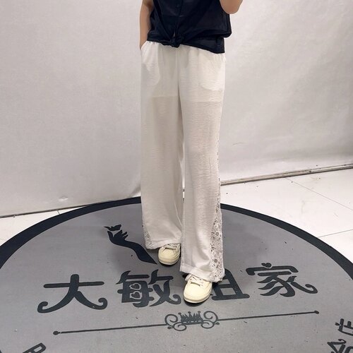 5222芮娜依莲夏款新品松紧腰侧边镂空设计透气休闲拖地裤大码女裤