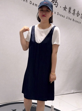 3212女权贵族初夏新品纯棉拼接天丝牛仔面料假两件连衣裙加大码
