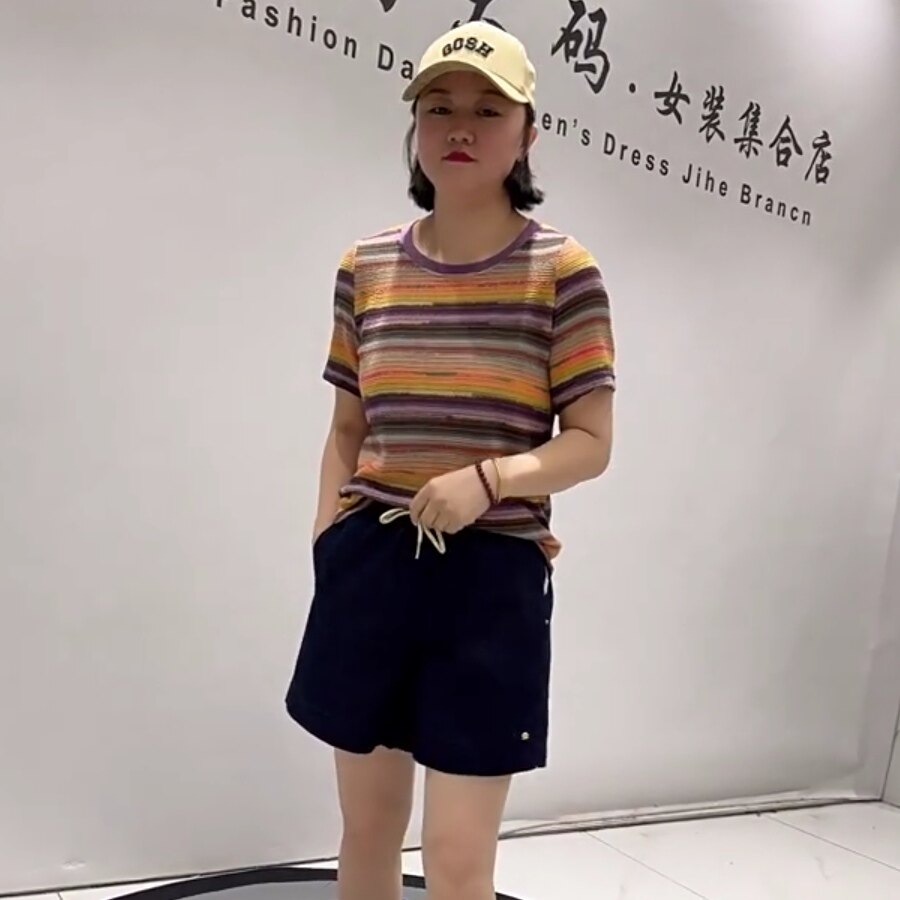 3207女权贵族初夏新品彩色条纹洋气减龄短袖上衣T恤衫加大码女装