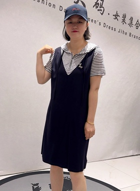 3136女权贵族初夏新品四面弹假两件单层连帽休闲连衣裙加大码女装