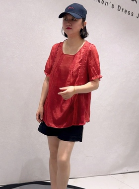 3093女权贵族初夏新品麻料拼接蕾丝简洁娃娃服减龄衫加大码女装