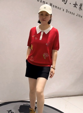 1806芮娜依莲初夏新品polo领刺绣图案减龄百搭短袖上衣加大码女装