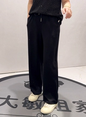 2718女权贵族初夏新品松紧腰时尚满钻显瘦窄版拖地裤加大码女装